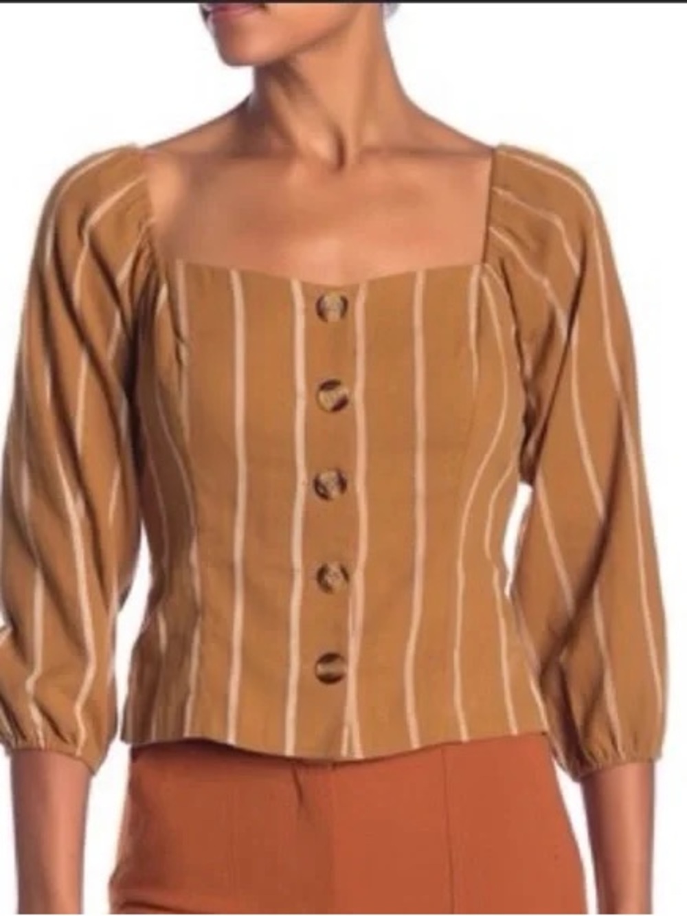 Brown White Striped Puff Sleeve Blouse | Button Up Cottagecore Y2K Top